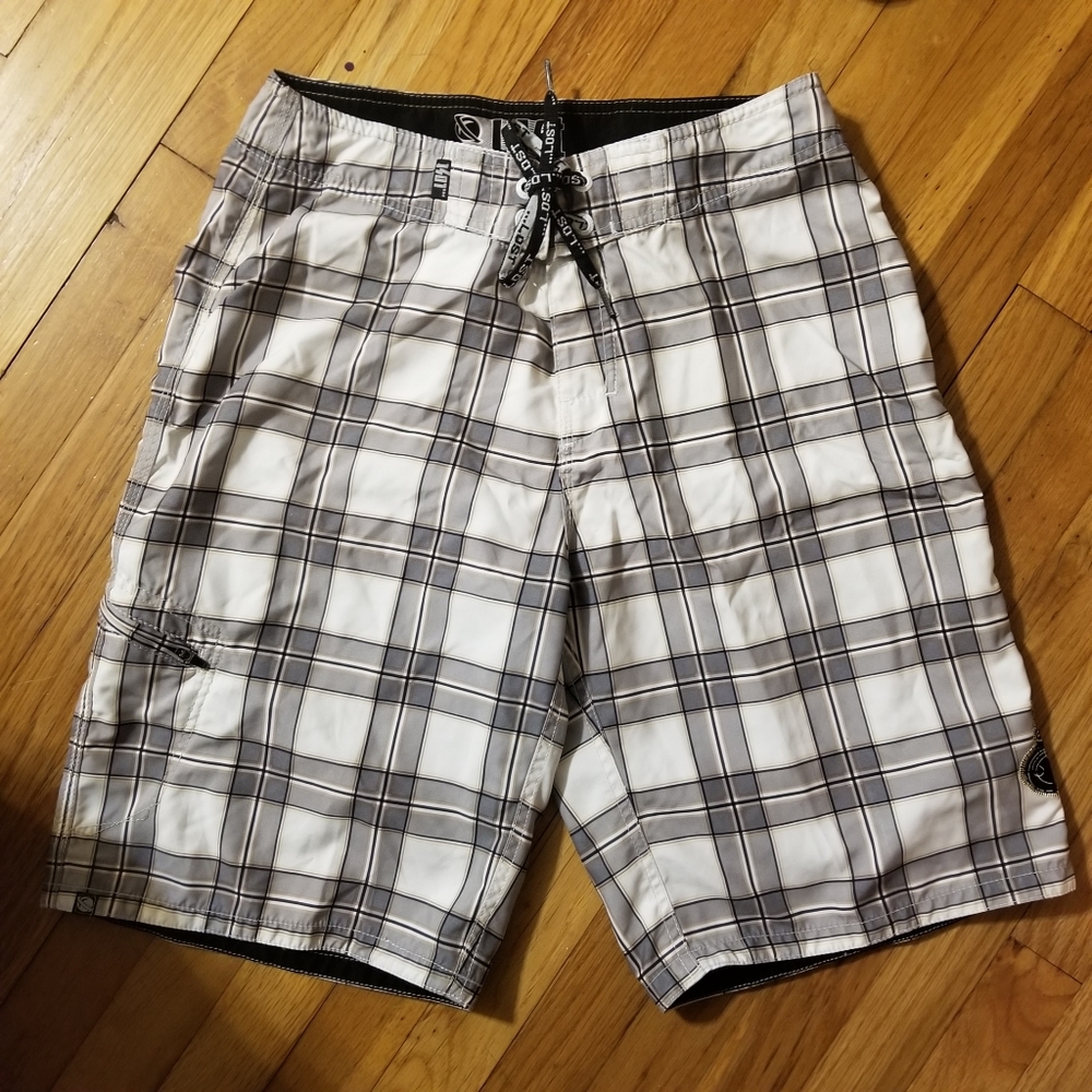 Lost Board Shorts Drawstring Plaid White Crown Wings Men's Size 31 Inseam 10.5